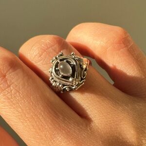 Vintage Ornate Sterling Silver Moonstone Poison Ring with Hinged Locket, Size 5